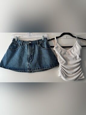 Peppermayo Denim Mini Skirt and White Ruched Tank Set
